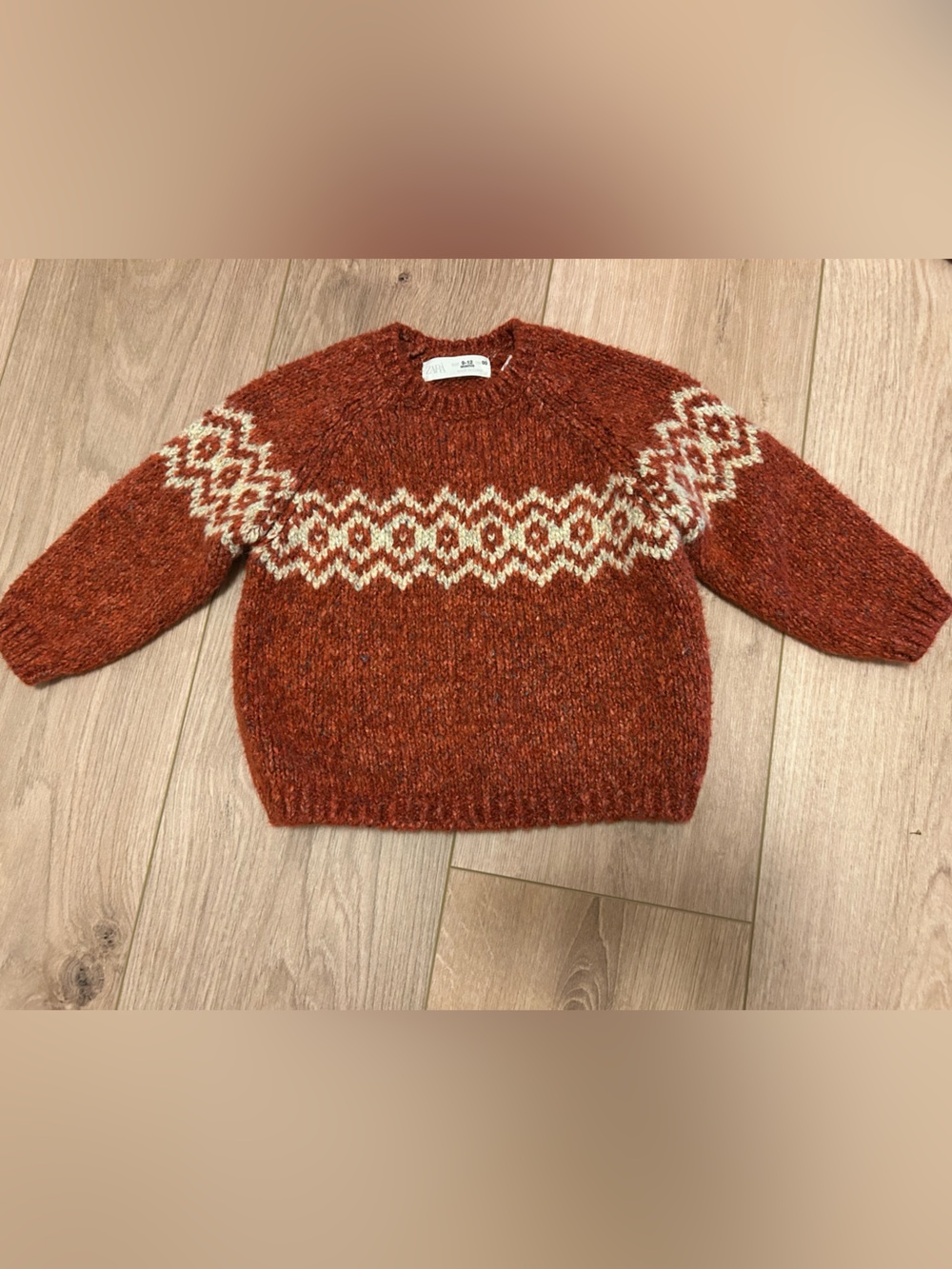 Zara Rust & Cream Fair Isle Crew Neck Sweater